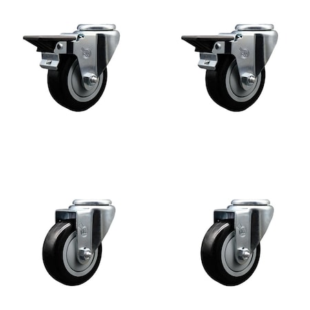 Service Caster 3.5'' Black Poly Wheel Swivel Bolt Hole Caster Set with 2 Posi Lock Brake, 4PK SCC-BH20S3514-PPUB-BLK-PLB-2-S-2